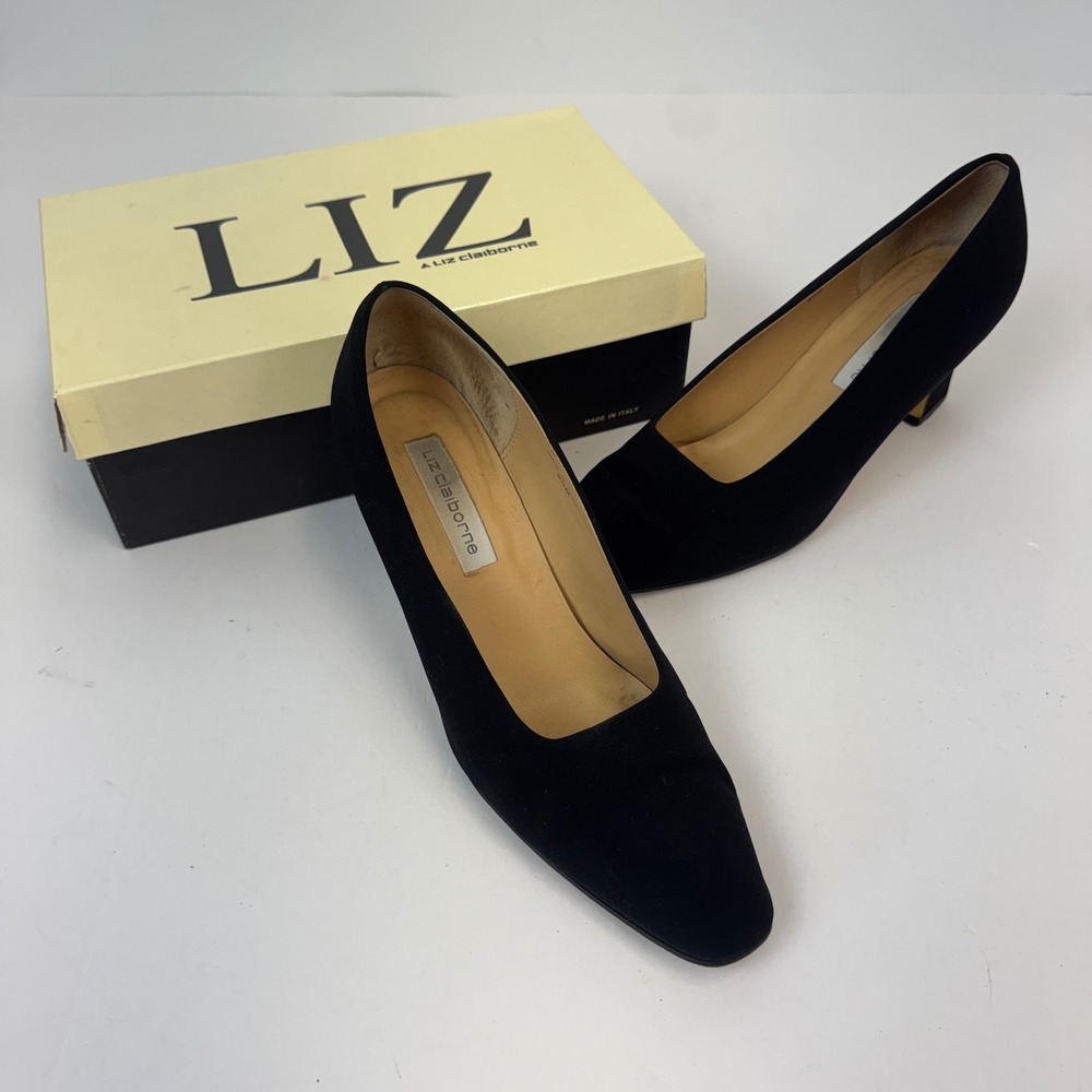 Liz Claiborne Roman Black Baby Calf Leather Pumps Block Heel Womens 9.5M